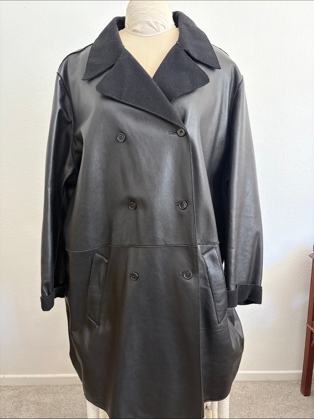 Saks Fifth Avenue Black Double-Breasted Leather Coat